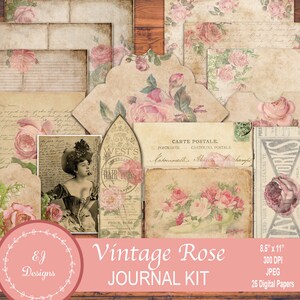 Vintage Rose Junk Journal Kit, Rose Ephemera, Floral Digital Paper, Flowers, Shabby, Grunge, Faded Rose, Digital Journal Paper