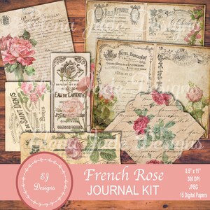 French Rose Ephemera and Paper Pack, Paris Junk Journal, French Rose Ephemera, Flowers, Shabby, Grunge, Faded Rose, Digital Journal Paper