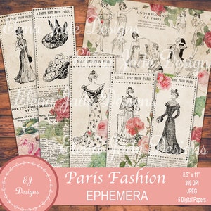 Paris Ephemera, Paris Fashion Junk Journal, French Rose Ephemera, Flowers, Shabby, Grunge, Faded Rose, Digital Journal Paper