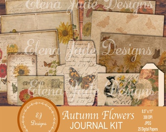 Fall Digital Junk Journal Kit, Autumn Ephemera and Paper Pack, Fall Flowers, Vintage Butterflies, Digital Journal Paper