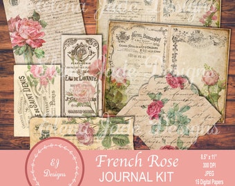 Paquete de papel y efímera de rosas francesas, Paris Junk Journal, Efímera de rosas francesas, flores, en mal estado, grunge, rosa descolorida, papel de diario digital