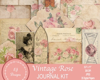 Vintage Rose Junk Journal Kit, Rose Ephemera, Blommigt Digitalt Papper, Blommor, Shabby, Grunge, Bleknat Ros, Digitalt Journalpapper