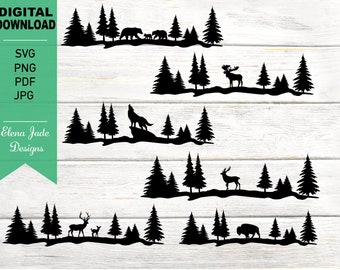 Animals in Woods Bundle, Bear, Moose, Wolf, Elk, Buffalo in Woods, Deer in Forest, Outdoors, Silhouette SVG Cut File, PNG, JPG