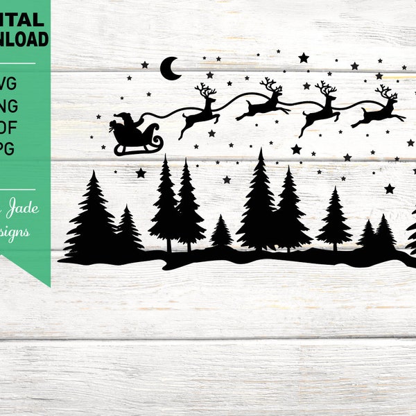 Trineo de Santa sobre el bosque Svg, Noche de Navidad, Bosque estrellado, Reno, Pinos, Archivo de corte SVG de silueta, PNG, JPG