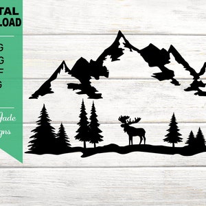Moose in Mountain and Forest, Camping, Hunting, Hiking, Outdoors, Pine Trees, Silhouette SVG Cut File, PNG, JPG