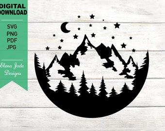 Montaña y bosque en un círculo bajo la luna y las estrellas, camping, caza, senderismo, aire libre, silueta SVG Cut File, PNG, JPG
