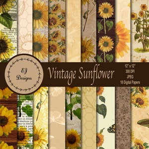 Vintage Sunflower Digital Papers, Sunflower Patterns, Rustic Old Papers Textures, Scrapbook Papers, Commercial Use JPG