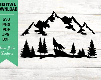 Lobo en bosque svg, Lobo aullador, Montaña y bosque, Montañas Svg, Bosque Svg, Al aire libre, Lobo Svg, Silueta SVG Cortar archivo, PNG, JPG