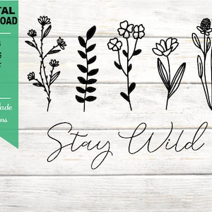 Op de afbeelding: Zwart-witte lijntekening van vijf verschillende bloemmotieven met de tekst "Stay Wild" eronder.