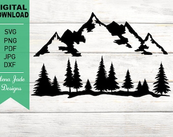Mountain and Forest, Camping, Woods svg, Hiking, Outdoors, Pine Trees, Silhouette SVG Cut File, PNG, JPG