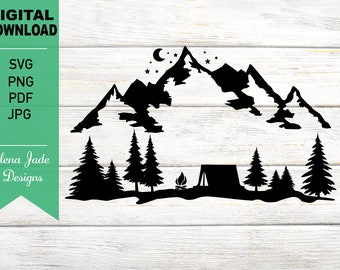Tienda de campaña en montaña y bosque, camping, bosque svg, senderismo, aire libre, pinos, silueta SVG Cut File, PNG, JPG