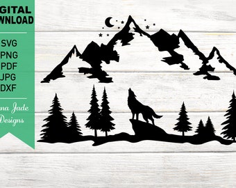 Lobo aullador con luna y estrellas, montaña y bosque, camping, caza, senderismo, aire libre, pinos, silueta SVG Cut File, PNG, JPG