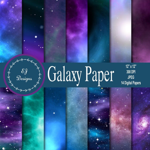 Galaxy Digital Papers, Space Patterns, Stars Textures, Scrapbook Papers, Commercial Use JPG