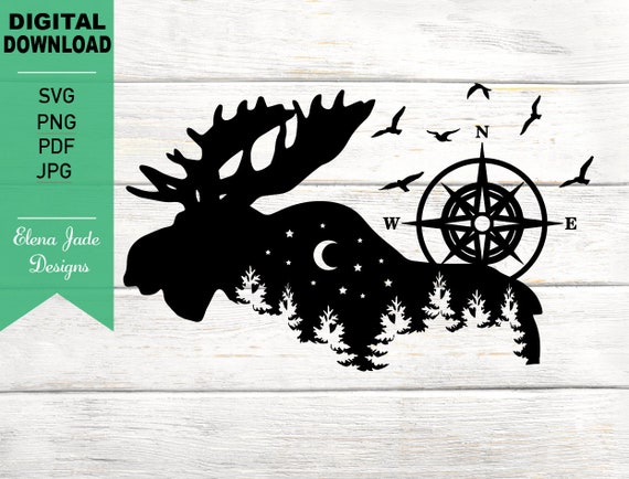 Moose Svg, Moose Forest, Moose and Compass, Woods Svg, Woodland Animal, Outdoors, Silhouette SVG Cut File, PNG, JPG
