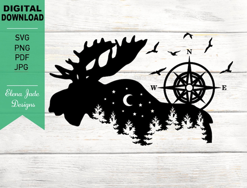 May include: Black silhouette of a moose with a compass and stars in the background. The moose is standing in a forest with trees and a crescent moon. The compass has the letters N, S, E, and W.