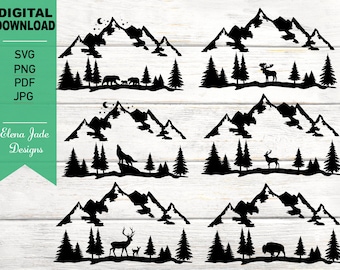 Animals in Mountain and Forest, Bear, Moose, Wolf, Elk, Buffalo in Woods, Deer in Mountains, Outdoors, Silhouette SVG Cut File, PNG, JPG