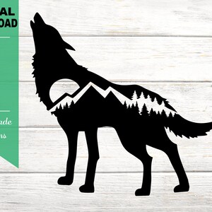 Howling Wolf with Moon, Mountain and Forest, Camping, Hunting, Hiking, Outdoors, Pine Trees, Silhouette SVG Cut File, PNG, JPG