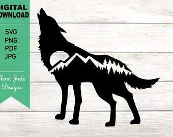 Howling Wolf with Moon, Mountain and Forest, Camping, Hunting, Hiking, Outdoors, Pine Trees, Silhouette SVG Cut File, PNG, JPG