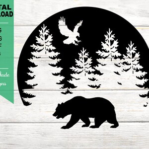 Bears in Forest with Eagle, Camping, Hunting, Hiking, Outdoors, Pine Trees, Silhouette SVG Cut File, PNG, JPG