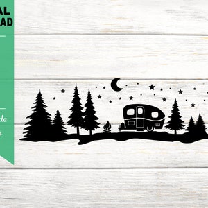 May include: Black silhouette of a camper van parked in a forest at night with a campfire, a crescent moon, and stars in the sky.