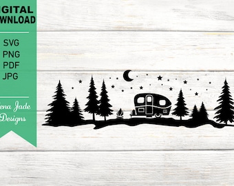 Camper in Forest, Tent, Rv, Camping, Outdoors, Camper In Woods, Silhouette SVG Cut File, PNG, JPG