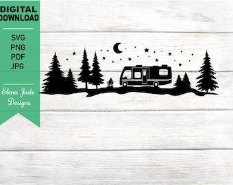 RV Camper in Forest, Tent, Rv, Camping, Hunting, Hiking, Outdoors, Pine Trees, Silhouette SVG Cut File, png, JPG
