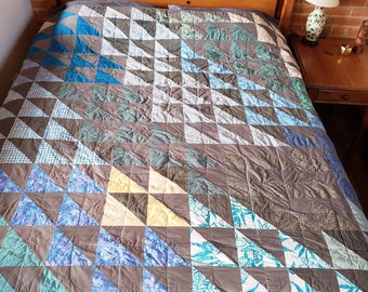 Queen Bed Quilt "Wind on Water," Handmade, Modern, One-of-a-Kind, Scrappy