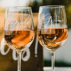 Etched Bride and Groom Wine Glasses - His and Hers Wine Glasses with Wedding Date, Set of 2 Toasting Glasses, Design: HH6