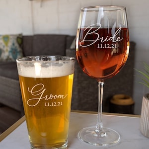Bride and Groom Beer & Wine Glass Set, His and Hers, Etched Toasting Glasses, Wedding or Engagement Gifts, Design: HH6