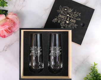 Personalized Champagne Flute Set - Engraved Gift Set for Couples | Floral Toasting Glasses | Champagne Glasses with Gift Box, Design: N10