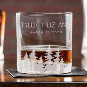 Personalized Forrest Cocktail Glass - Add Name, Forrest Wedding Glasses, Woods Themed Whiskey & Tequila Glass, Wedding Favors, Design: WOODS