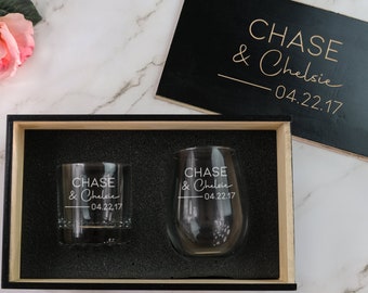 Personalized Whiskey & Wine Gift Set - Engraved Gifts for a Couple | His and Hers Glasses | Engagement Gifts | Anniversary Gifts, Design: N6