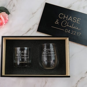 Personalized Whiskey & Wine Gift Set - Engraved Gifts for a Couple | His and Hers Glasses | Engagement Gifts | Anniversary Gifts, Design: N6