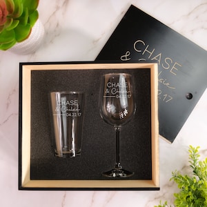 Personalized Beer & Wine Gift Set - Engraved Gifts for a Couple | His and Hers Glasses | Engagement Gifts | Anniversary Gifts, Design: N6