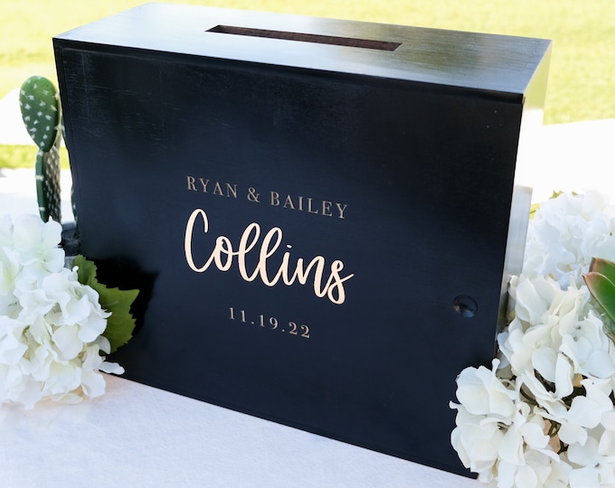 Personalized Wedding Card Drop Box | Engraved Slidetop Wood Box with Card Slit | Card Box for Modern Wedding, Design: L7