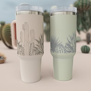 Personalized Desert Tumbler - Add Custom Text, 40oz Tumbler with Handle and Straw, Desert Themed Tumbler, Made in Arizona, Design: CACTUS