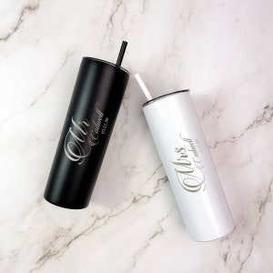 Personalized Mr and Mrs Tumblers - Engraved His and Hers Water Bottle | Bride & Groom Cups | Wedding and Honeymoon Gifts, Design: HH7