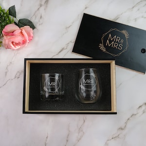Custom Wine & Whiskey Glass Gift Set - His and Hers Gift Box | Personalized Gifts for Couples | Engagement Glass Set, Design: HH5