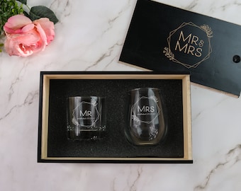 Custom Wine & Whiskey Glass Gift Set - His and Hers Gift Box | Personalized Gifts for Couples | Engagement Glass Set, Design: HH5