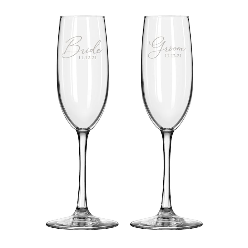 Bride and Groom Champagne Flutes His and Hers, Etched Toasting Glasses, Same Sex Wedding Glasses Available, Design: HH6 image 4