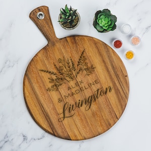 Personalized Charcuterie Board for Couples - Custom Wedding Gift, Engraved Round Cheese Board, Option to Add Stand and Board Oil, Design: L8