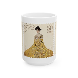 Gilded Elegance Ceramic Mug, Artistic Coffee Cup, Unique Gift for Art Lovers, Vintage Stamp Design, 11oz & 15oz Sizes