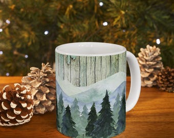 Taza de cerámica con diseño de montaña y bosque: taza de café inspirada en la naturaleza