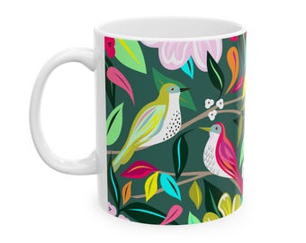 Floral Ceramic Coffee Mug: Vibrant Bird Design, Eco-Friendly Gift