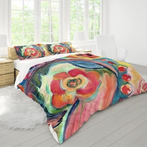 Abstract Floral Duvet Cover and Sham, Modern Linen Bedding