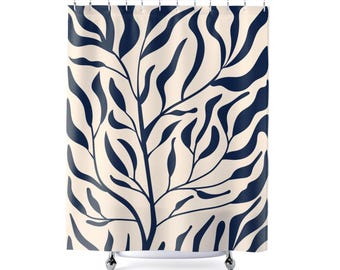 Navy Botanical Leaf Shower Curtain: Modern Bathroom Decor