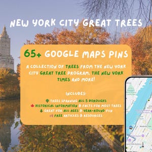 May include: A scenic view of New York City with text overlayed. The text reads "New York City Great Trees" and "65+ Google Maps Pins". A phone displays a map with tree locations. Includes historical information and facts.