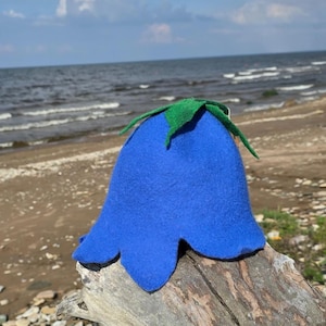 Felted festive blue wool bell hat Fairy hat flower Pixie hat
