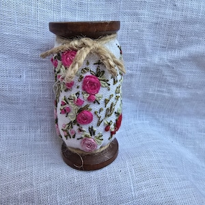 Embroidered Rose Pincushion on Wooden Spool, Cottagecore Sewing Decor