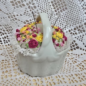 Ceramic basket embroidery pincushion